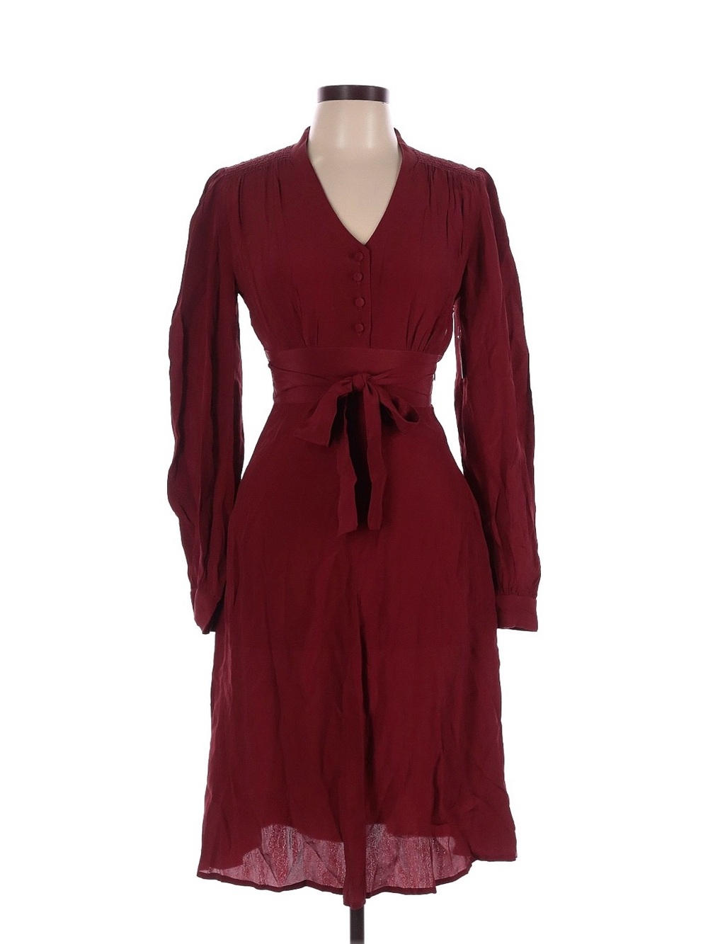 Ava Long-Sleeve Burgundy V-Neck Tie-Waist Dress Flawed